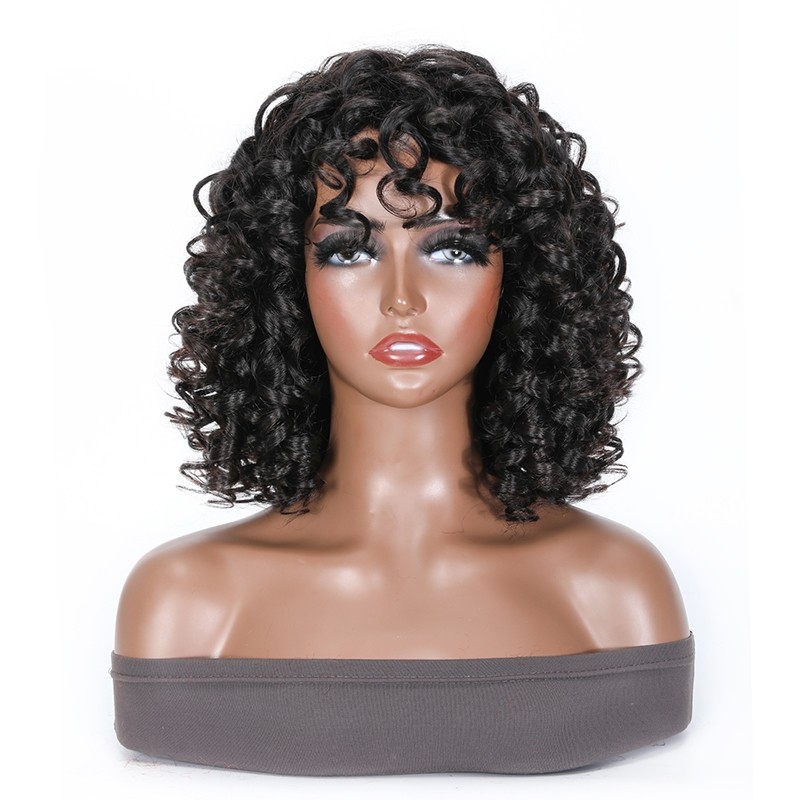 Beautyforever Bouncy Curly Glueless Wigs Human Hair Bob Wigs With Bangs 12 Inch Natural Black Hair
