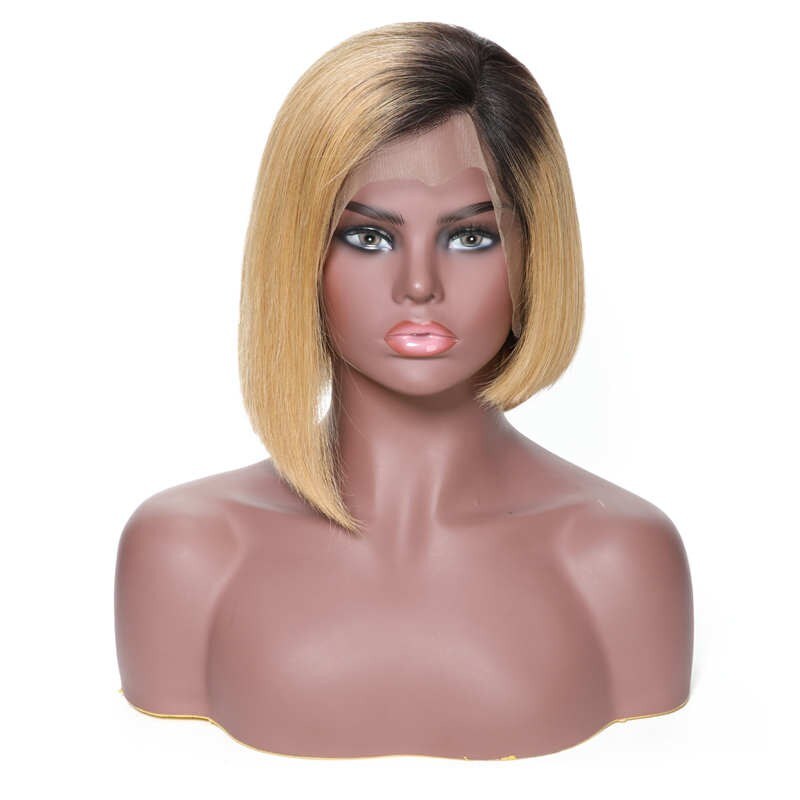 Blonde Ombre Color Short Bob Human Hair Wig On Sale, 130% Density, 13*4 Lace Frontal