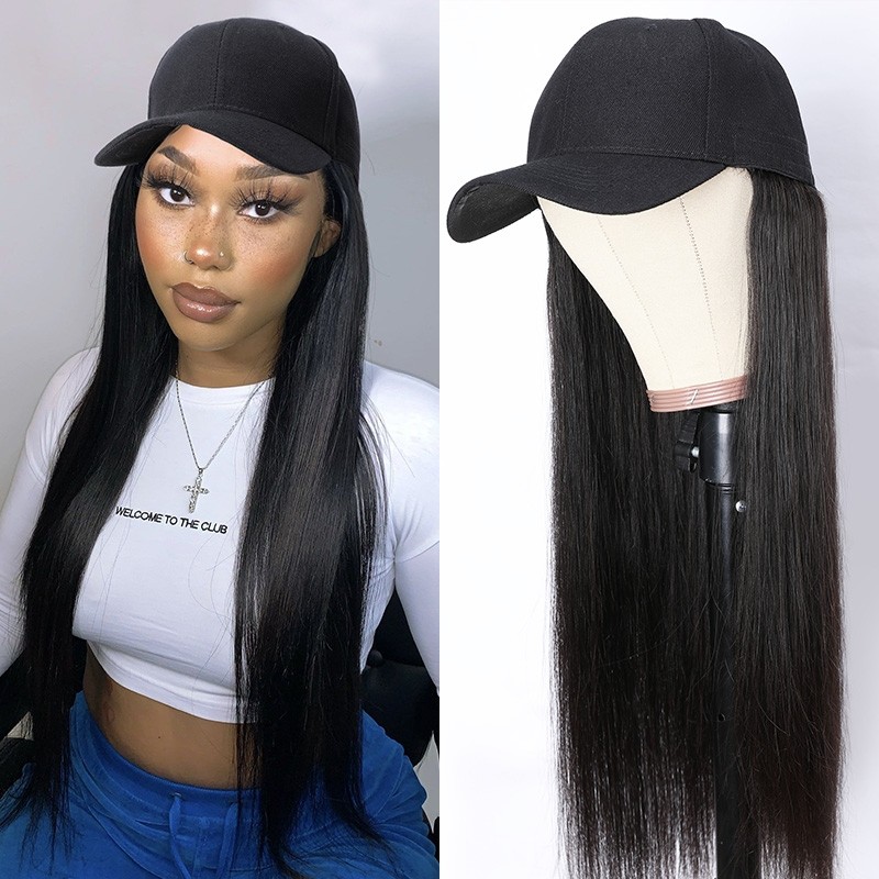 Beautyforever Adjustable Black Baseball Hat Human Hair Wigs Long