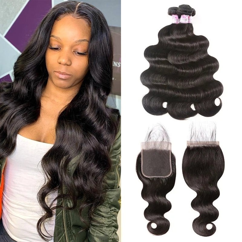 Body Wave Human Hair 3 Bundles With Lace Closure