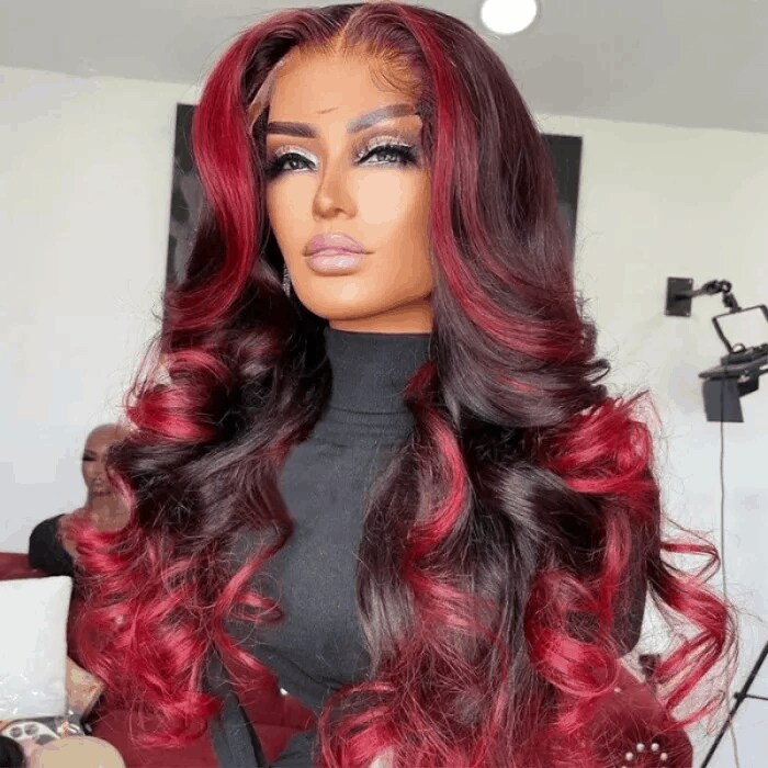 Burgundy With Rose Red Highlights Wigs