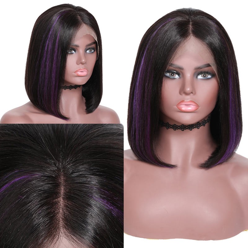 Beautyforever High Grade Purple Highlights Straight Bob 13x4 Lace Front Wigs 180 Density