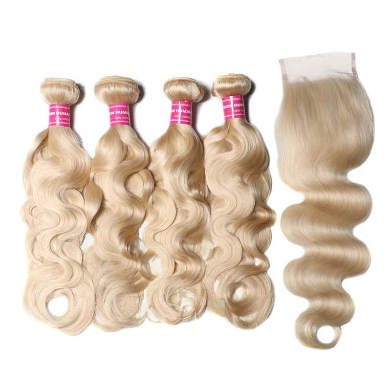 4 Bundles Body Wave Lace Closure With 613 blonde Human Hair