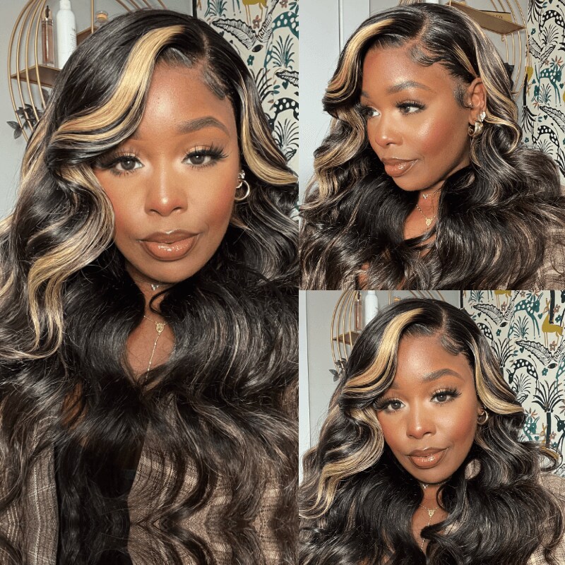 blonde highlight lace front wigs, chocolate brown loose wave hair