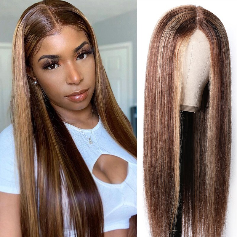 Blonde Highlight Long Straight Hair T Part Lace Wig