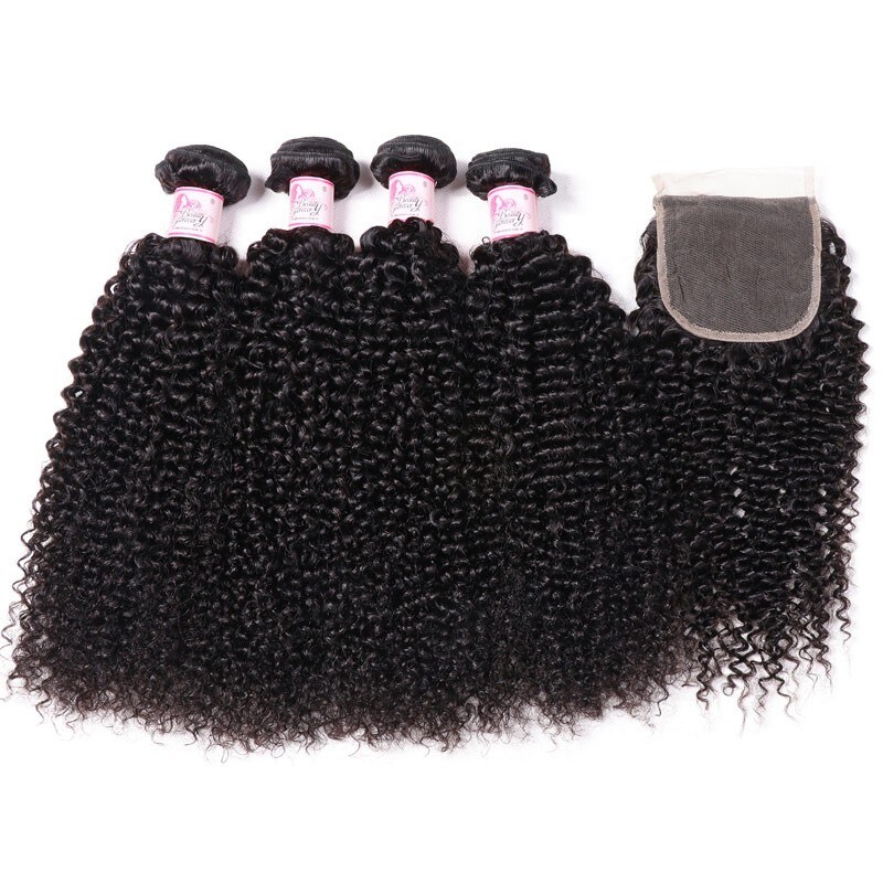 Kinky Curly Hair 4 Bundle Deals With Lace Closure