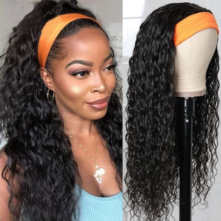 Headband Wig Water Wave and Jerry Curly Glueless Human Hair Wigs With Pre-attached Scarf Natural Color 200% Density
